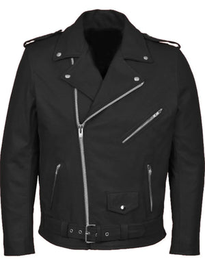 Men's black zip-up motorcycle jacket with belted waist and silver hardware.