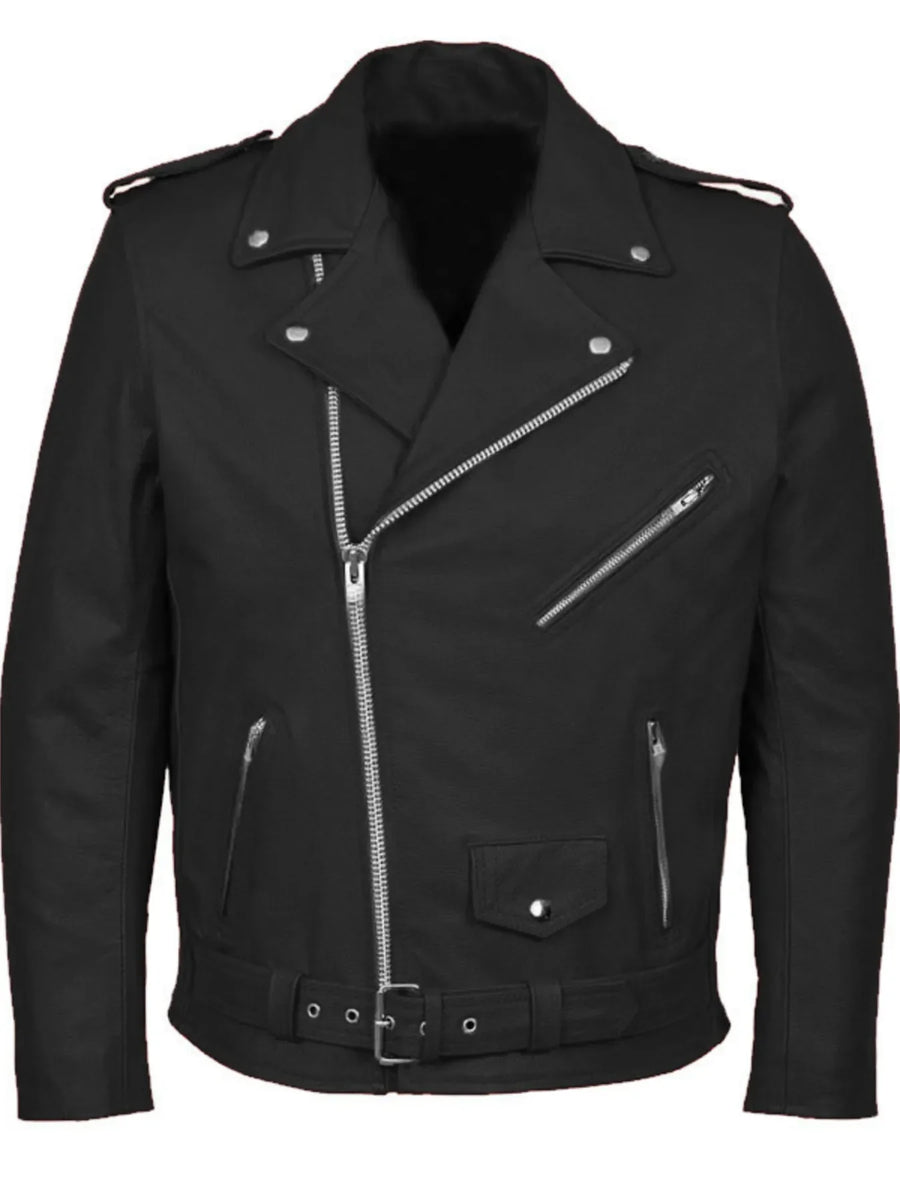 Men's black zip-up motorcycle jacket with belted waist and silver hardware.