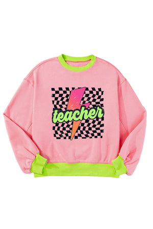 Pink cotton sweatshirt with neon green trim and a retro teacher graphic.