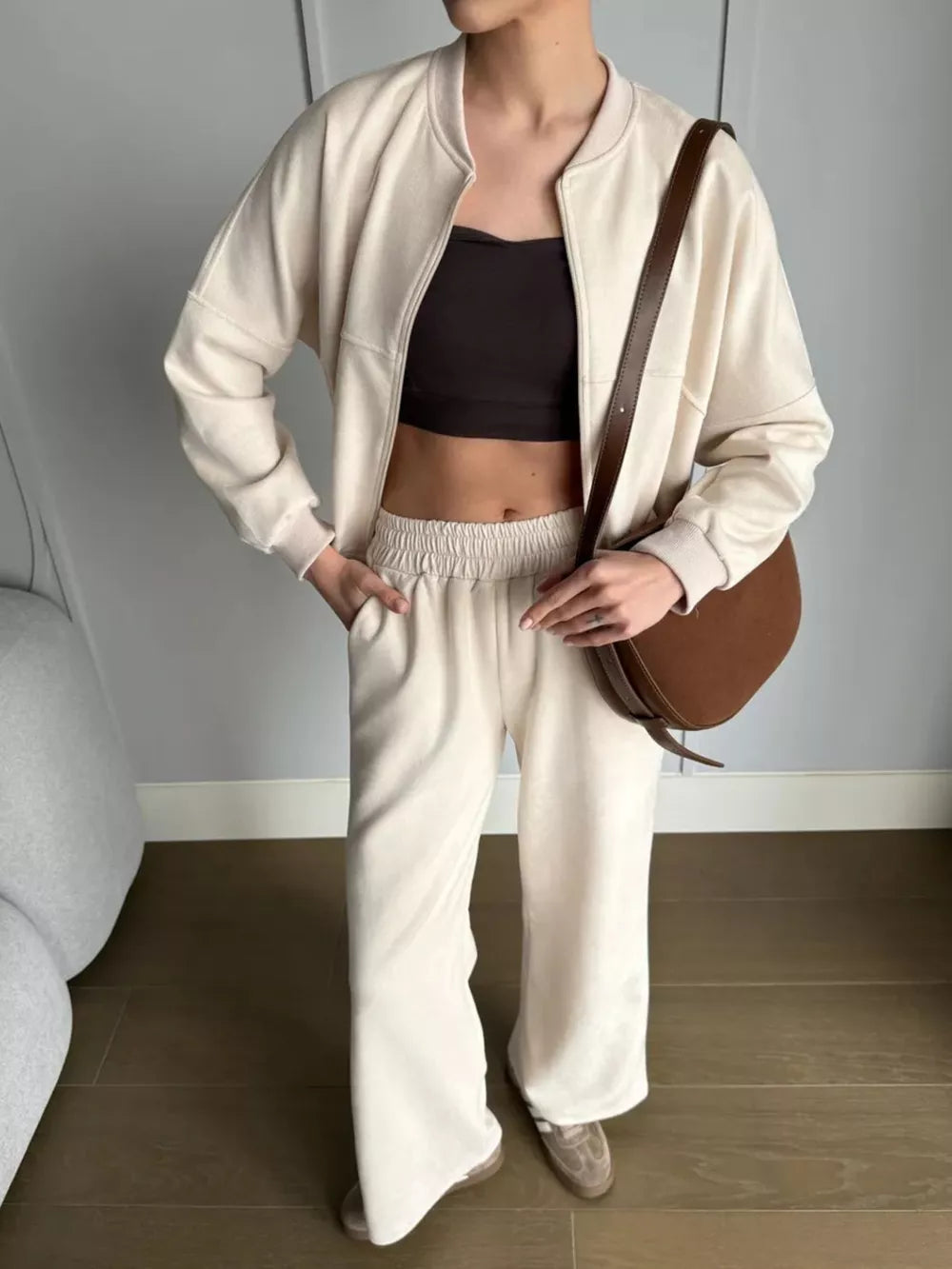 lounge set in cream featuring pocketed and relaxed fit
