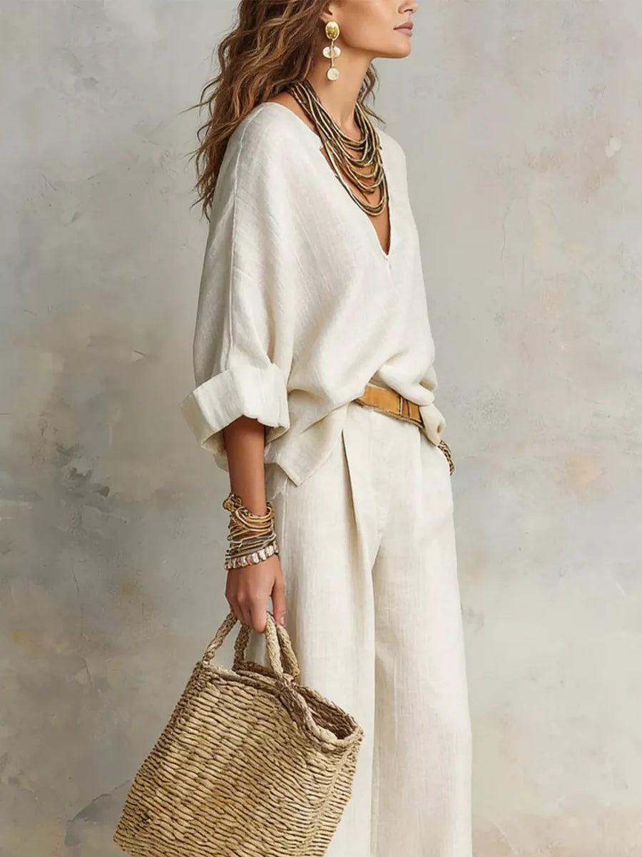 100% polyester Care instructions: Machine wash cold lounge set in Off-white with loose silhouette