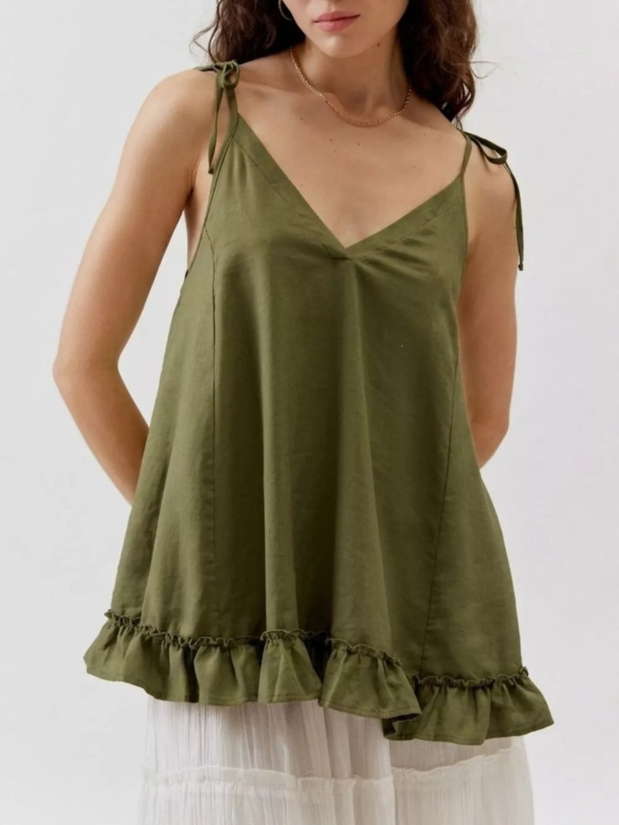 Army green camisole with tie straps and ruffled hem