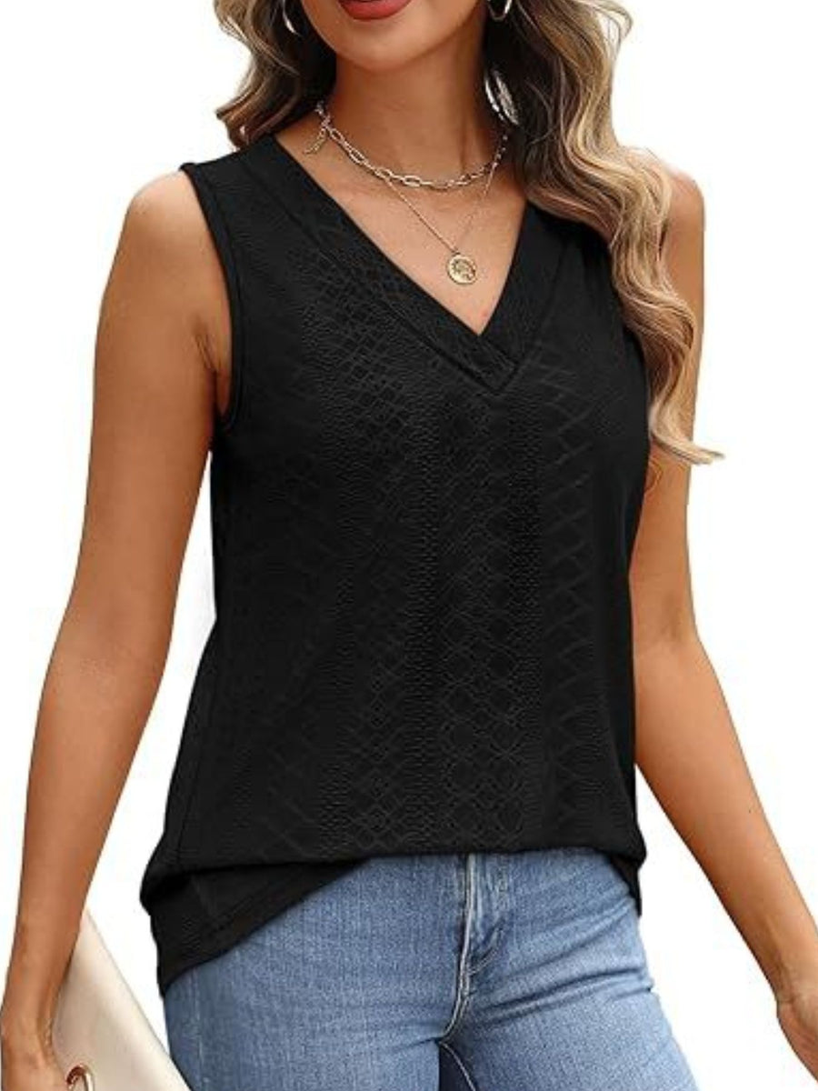 Black eyelet V-neck sleeveless tank top with a subtle textured pattern.