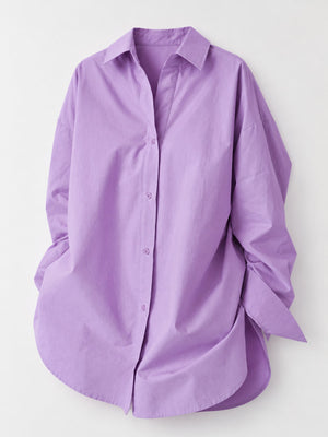 Purple button-down shirt with tunic-length and button-front
