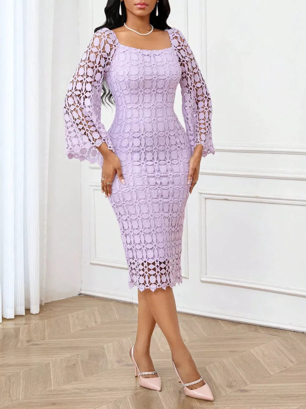 Light purple lace midi dress with square neckline and sheer bell sleeves.