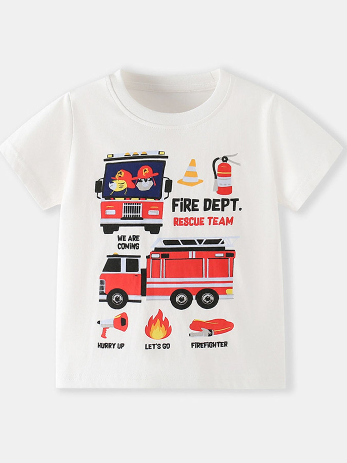 White cotton crew neck toddler t-shirt with playful fire truck graphics and rescue team text.