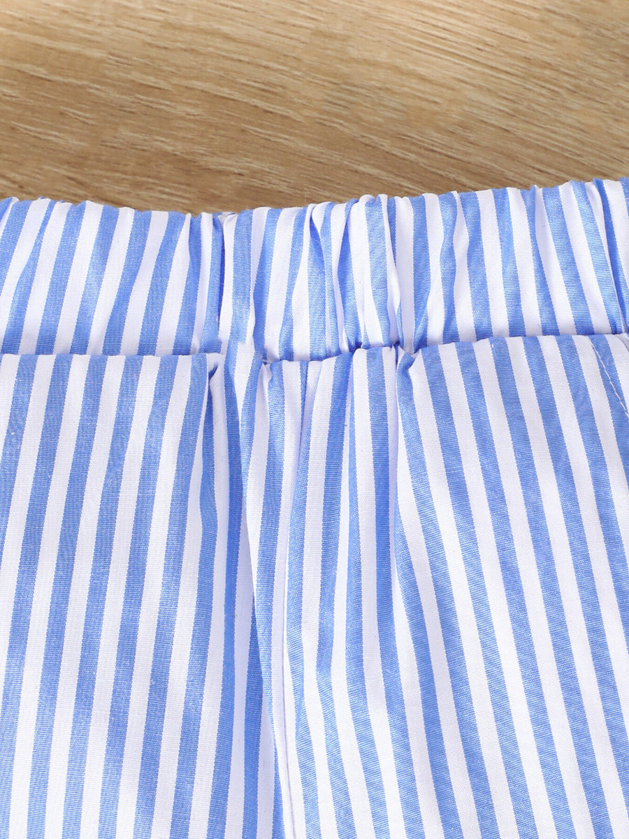 Baby shorts with blue and white vertical stripes and elastic waistband.