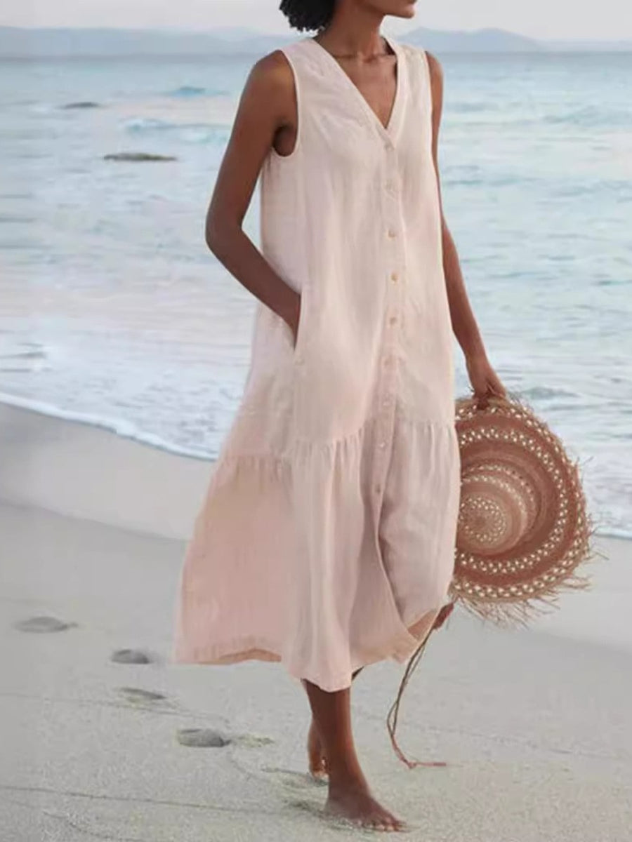 coastal midi dress in Orange Red with v-neck