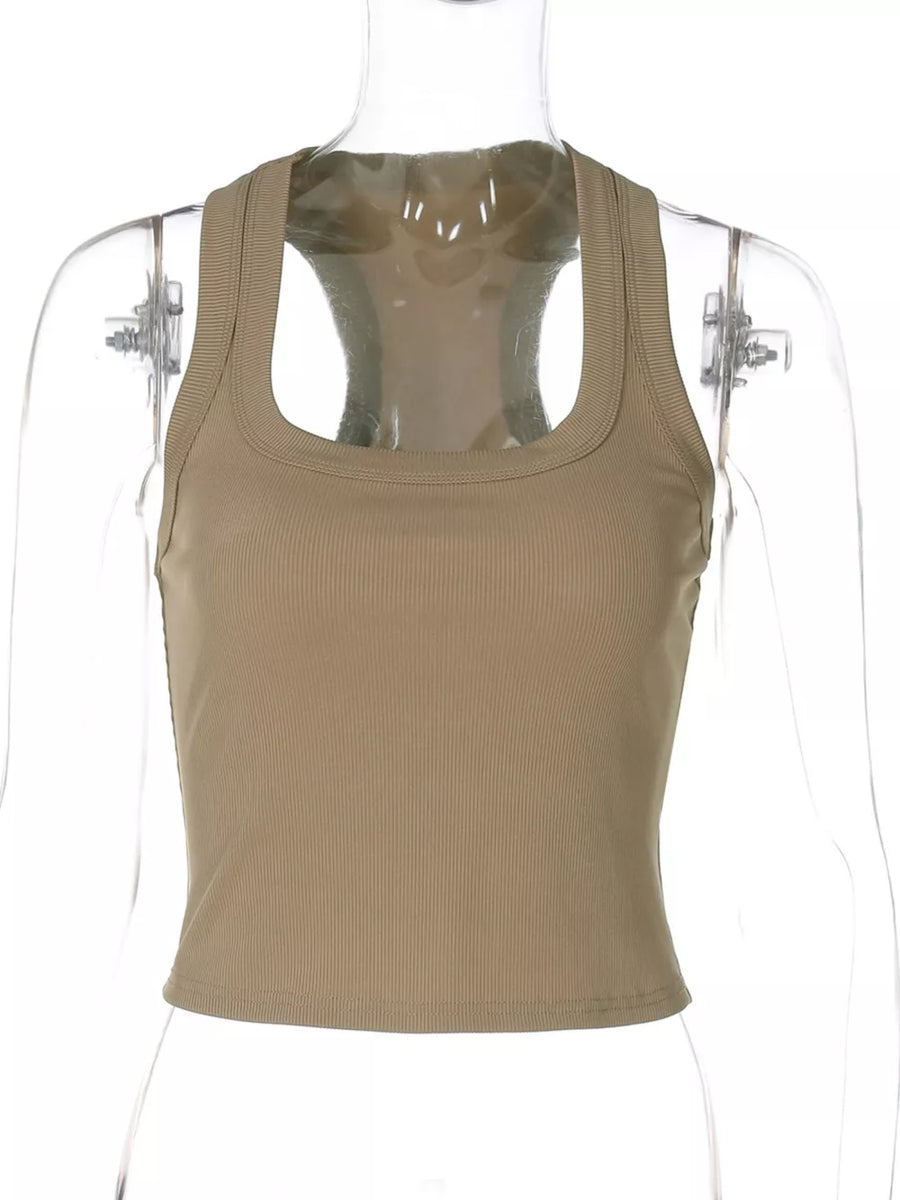 Khaki ribbed square neck cropped tank top with racerback detail.