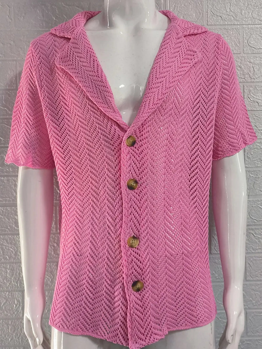 Pink open-knit herringbone resort shirt with short sleeves and button front.