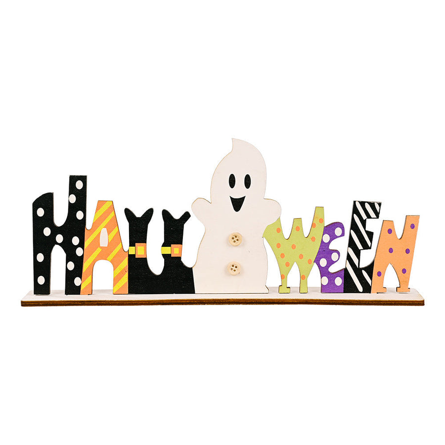 Halloween word block trio with ghost and cat figures, assorted patterns and colors.