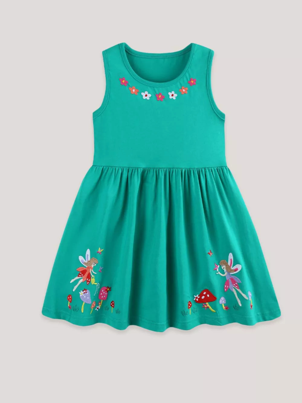 Green a-line dress with fairy and mushroom appliqué, floral neckline detail