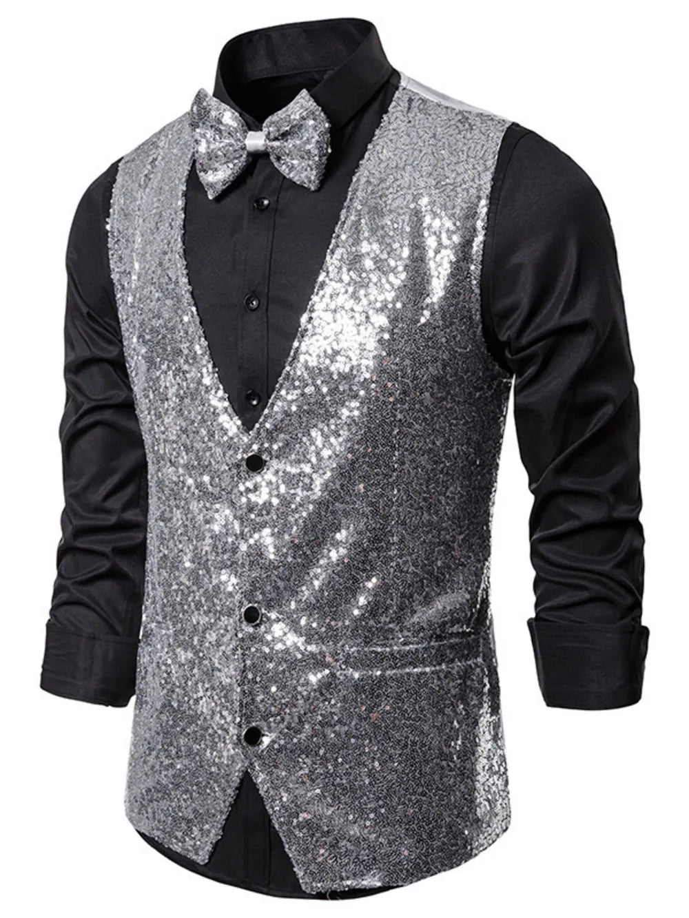 Silver sequin men's vest with double-breasted front and black shirt.