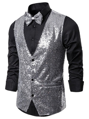 Silver sequin men's vest with double-breasted front and black shirt.