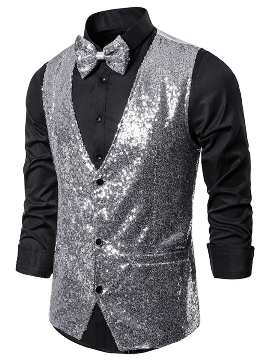 Silver sequin men's vest with double-breasted front and black shirt.