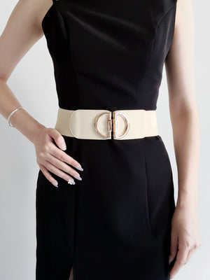 Cream elastic waist belt with double D gold buckle detail