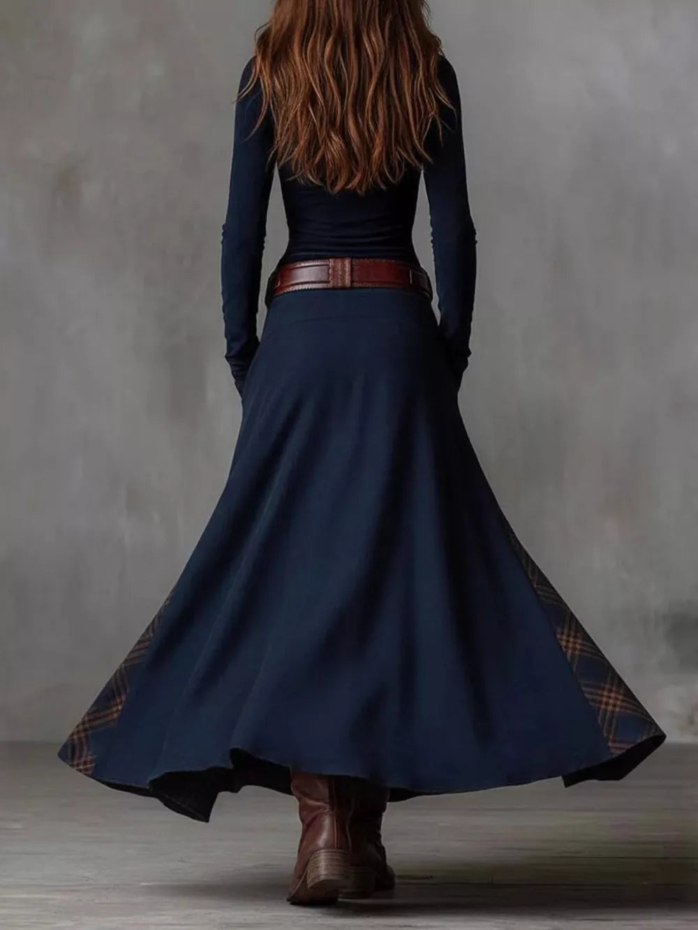 brown maxi dress featuring buttoned and plaid