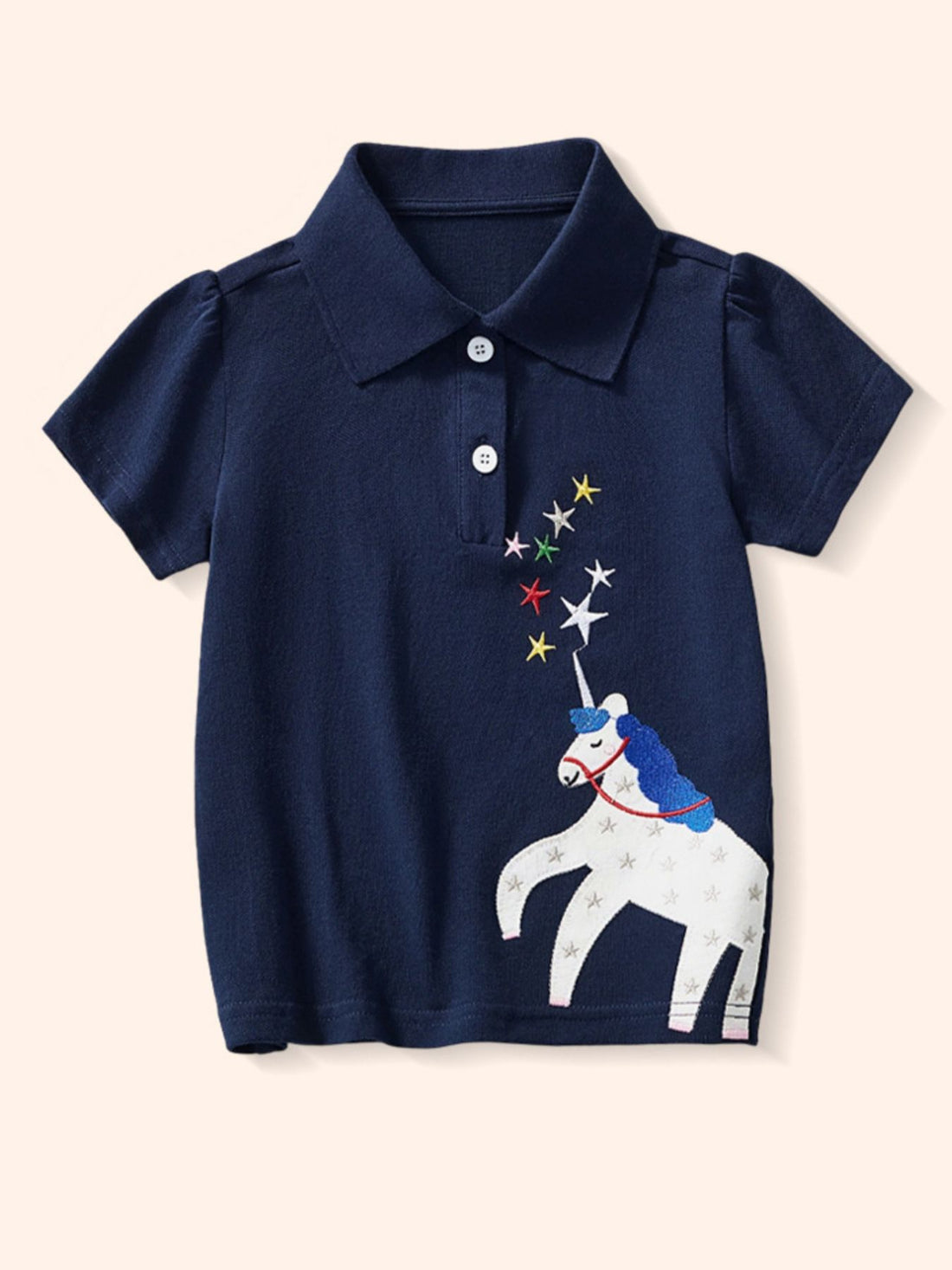 Navy unicorn graphic toddler polo shirt with puff sleeves and a cotton blend.