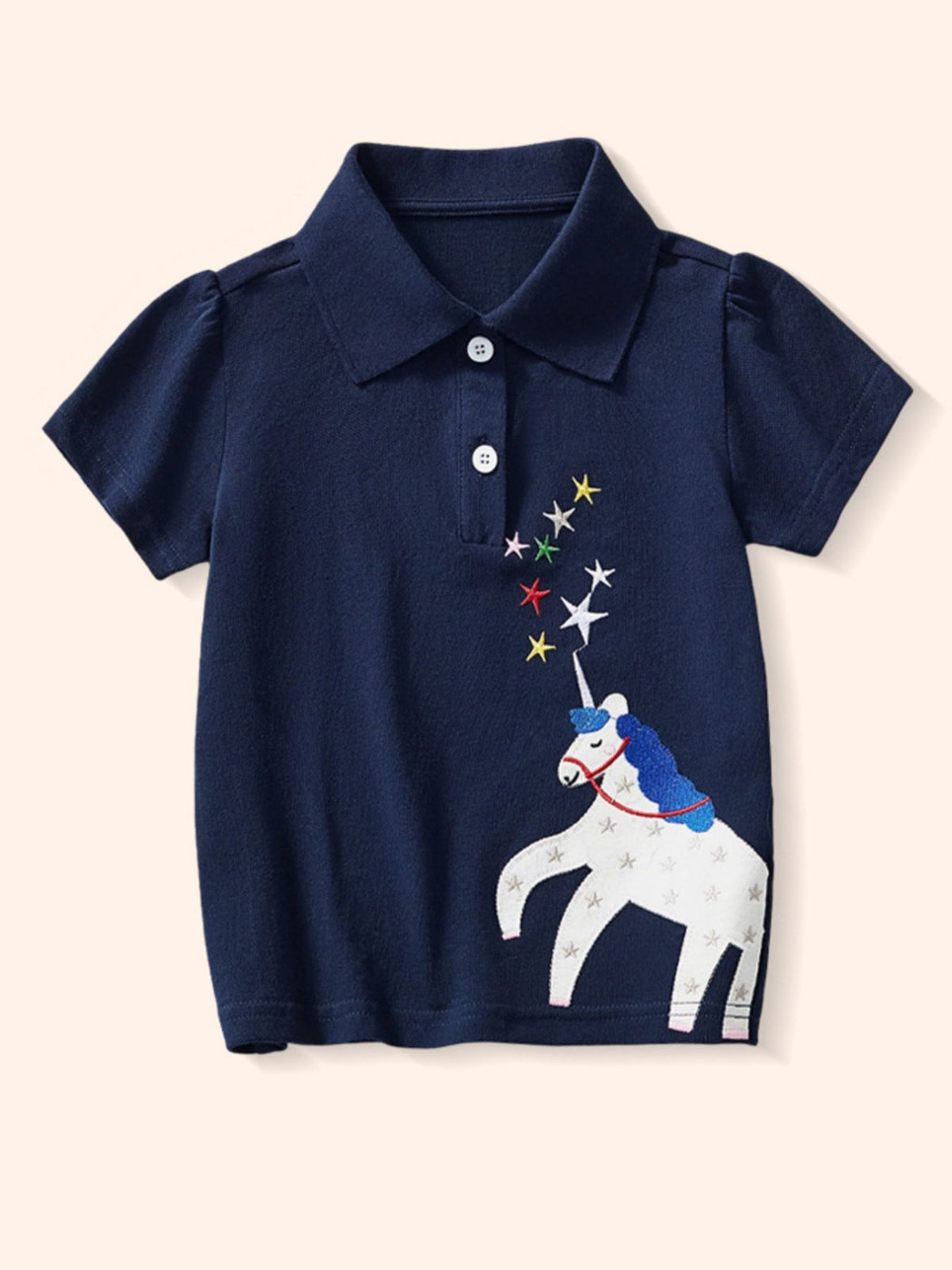Navy unicorn graphic toddler polo shirt with puff sleeves and a cotton blend.