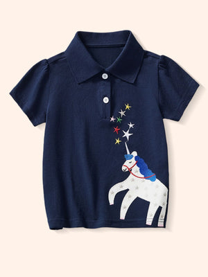 Navy unicorn graphic toddler polo shirt with puff sleeves and a cotton blend.