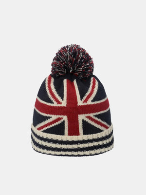 Union Jack knit pom beanie with striped band, acrylic, navy, red, white