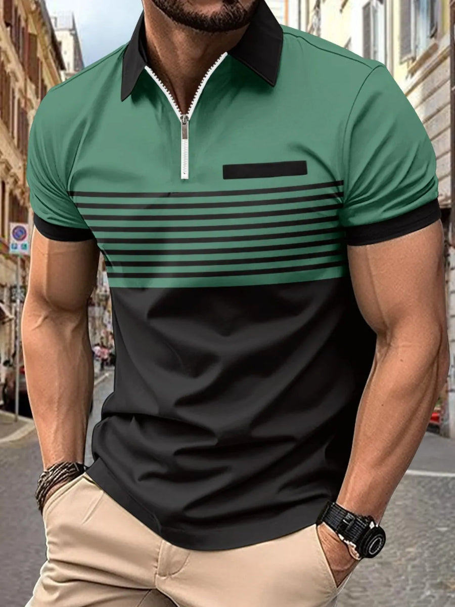 Colorblock zip polo shirt in Matcha Green with black horizontal stripes and black collar.