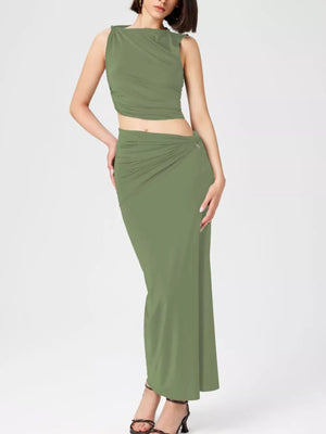 Asymmetrical Ruched Knit Top And Skirt Set option 10