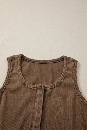 Brown ribbed henley snap tank top with raw edge details