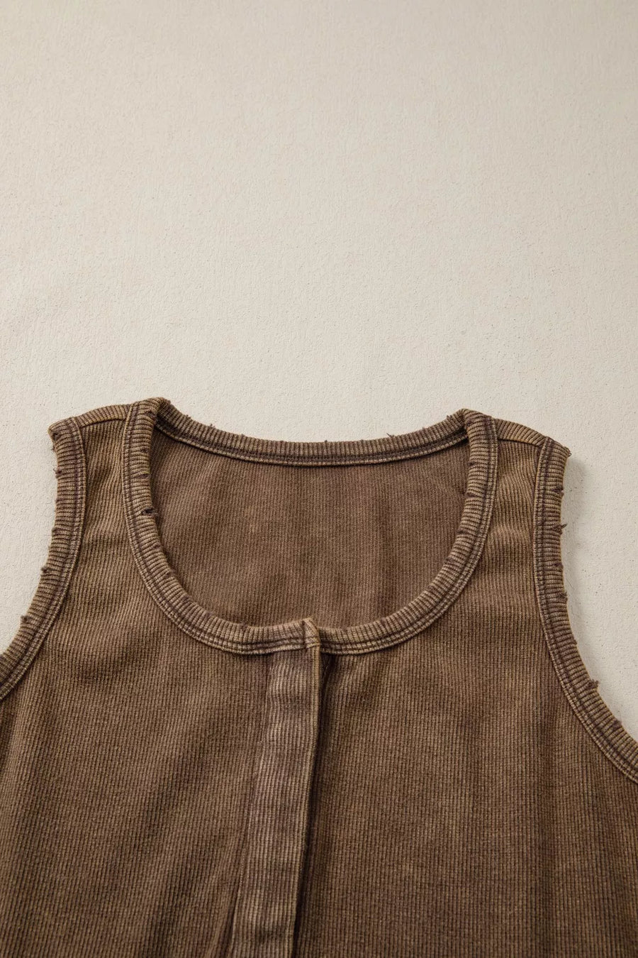 Brown ribbed henley snap tank top with raw edge details