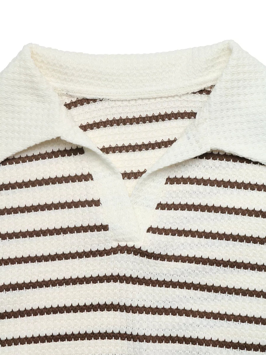 pullover sweater featuring striped in dark brown with 95% polyester, 5% elastane Care instructions: Machine wash cold texture