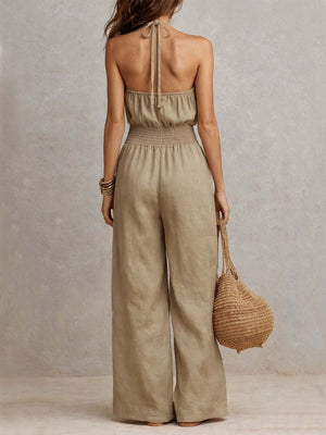 khaki jumpsuit with smocked and sleeveless