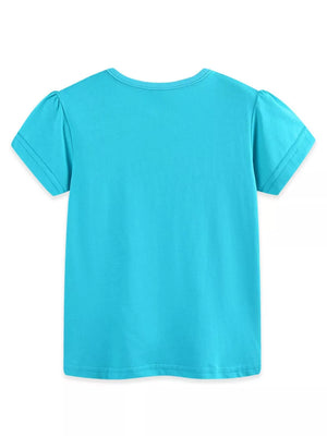 Baby girls' blue cotton t-shirt with puff sleeves and a round neckline.