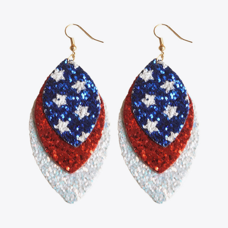 Patriotic layered glitter earrings with red, white, and blue stars.