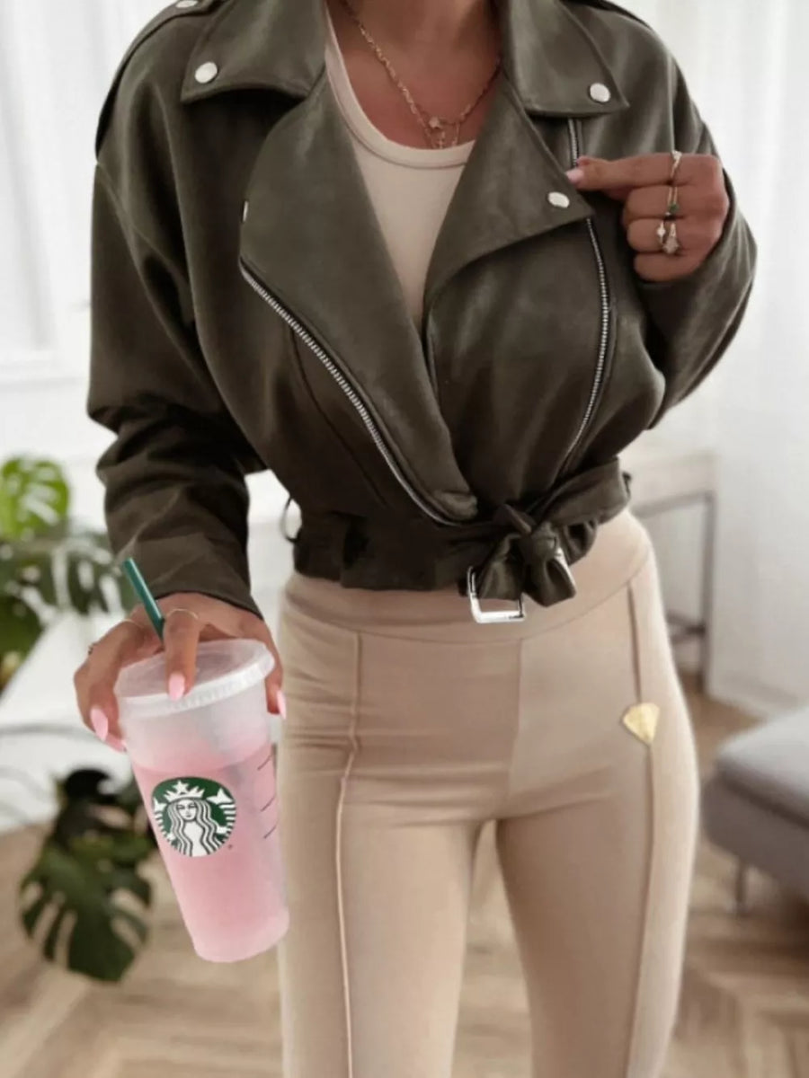 Cropped Biker Jacket With Belt Detail in Brown