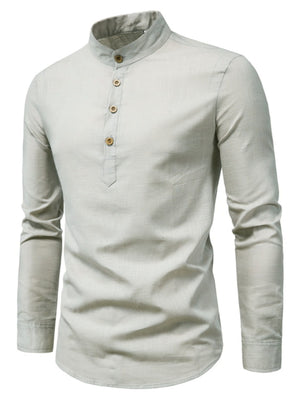 Men's light grey linen blend band collar long sleeve shirt with button placket