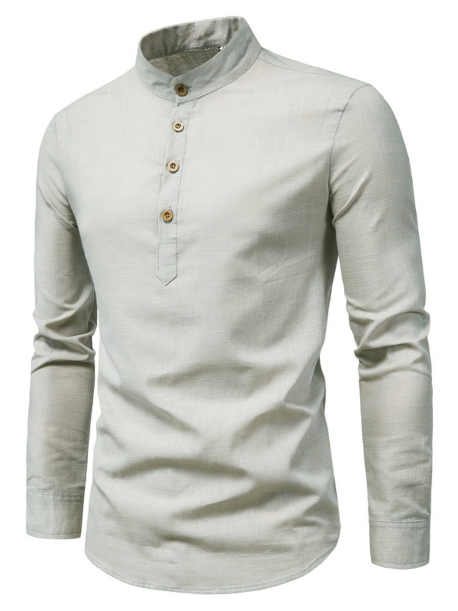 Men's light grey linen blend band collar long sleeve shirt with button placket