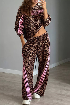 Coffee Brown, Leopard Print Striped Long Sleeve Top Pant Set in Coffee Brown