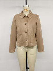 Collared Button-up Cropped Jacket in Khaki with buttoned