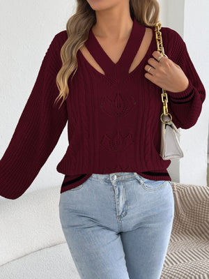 Burgundy relaxed pullover sweater with v-neck