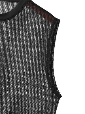Black open-knit sleeveless top with mesh fabric and a round neckline.