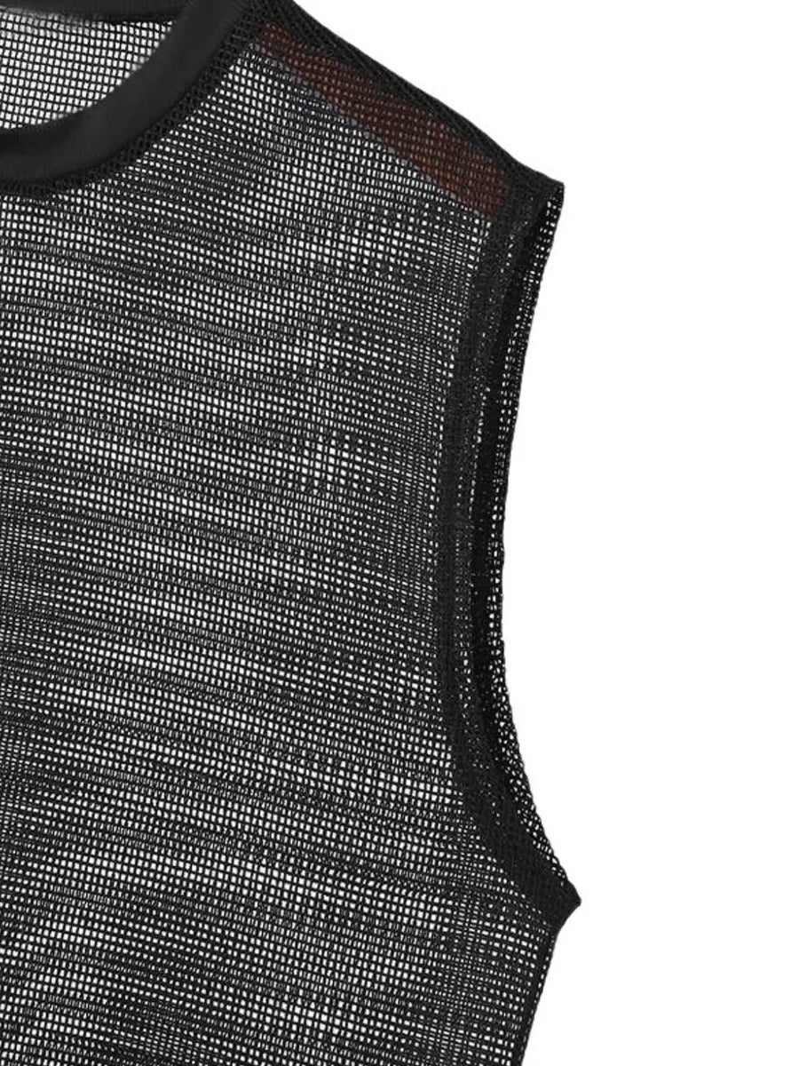 Black open-knit sleeveless top with mesh fabric and a round neckline.