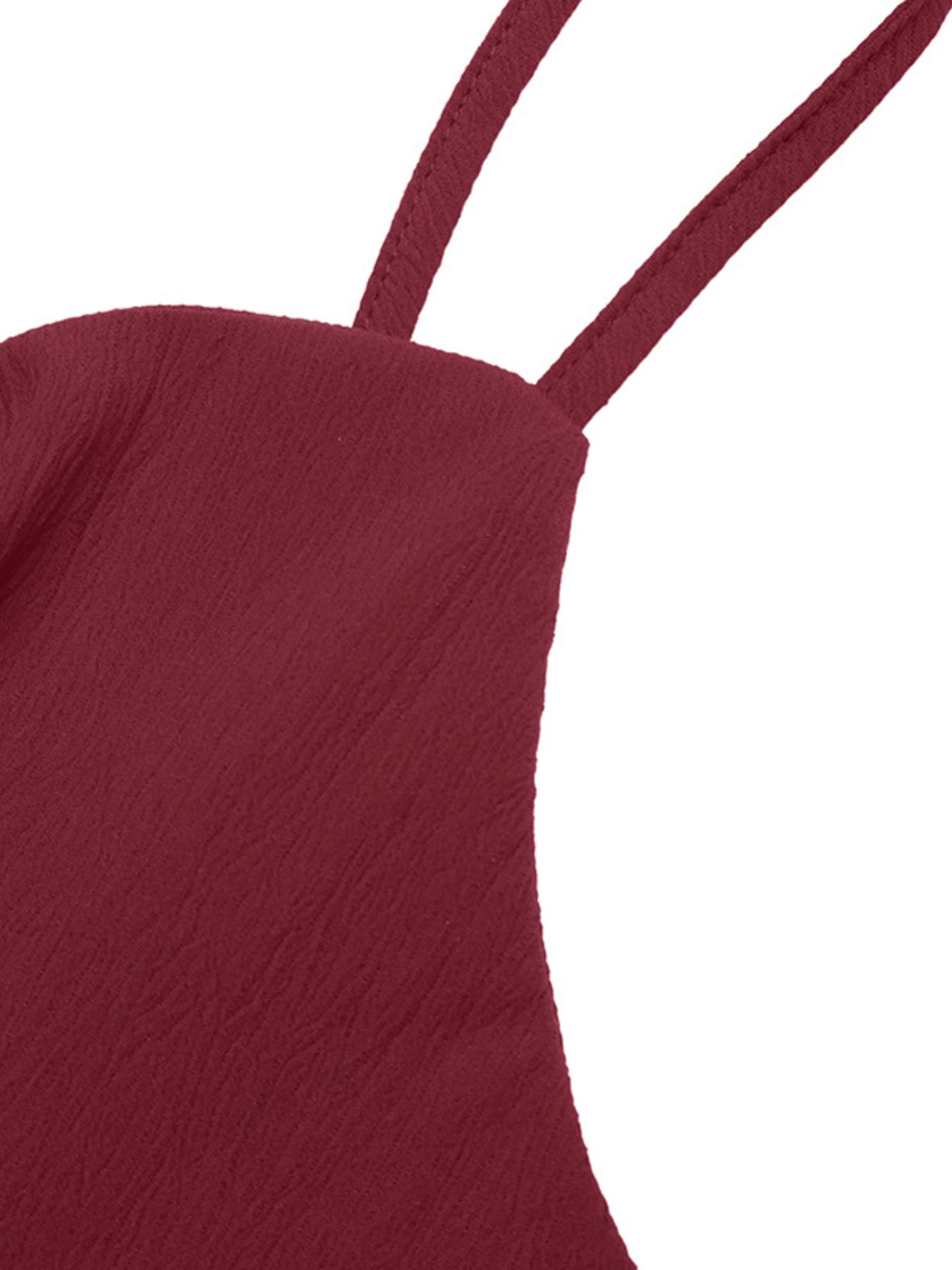 Burgundy spaghetti strap romper with textured fabric and bow-knot detail