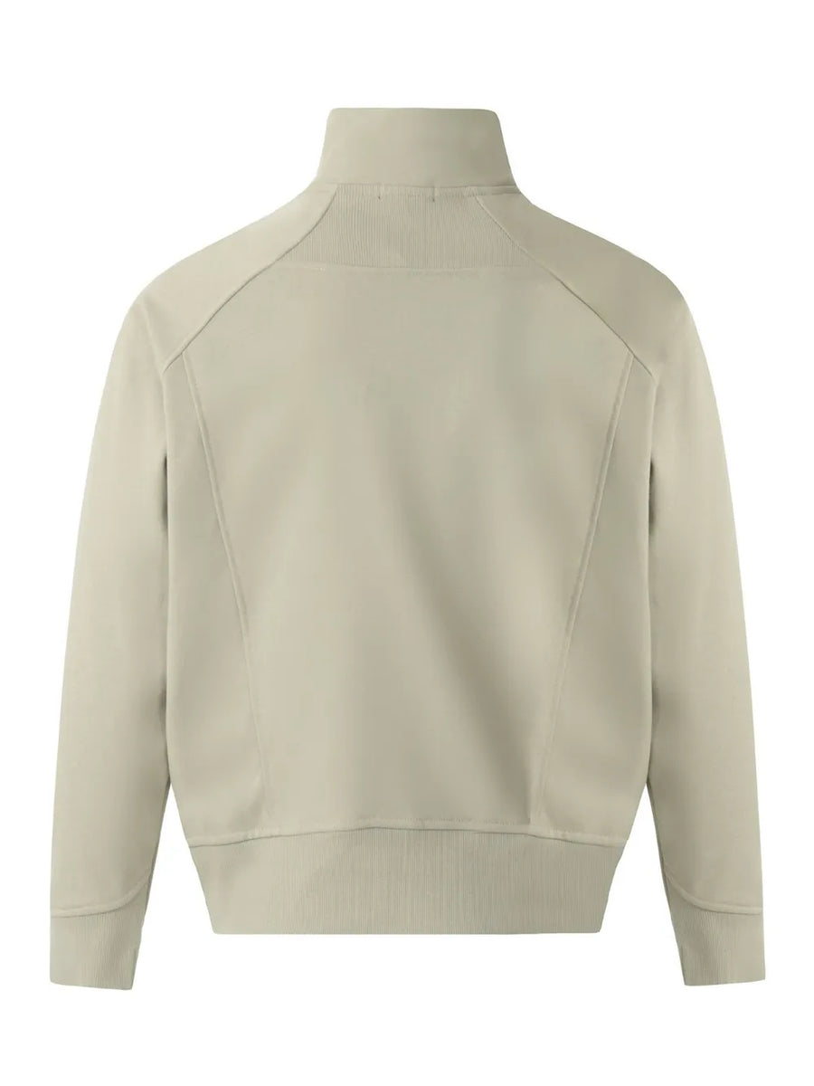 Sage zip-up sweatshirt with sculpted seam details and ribbed collar, cuffs, and hem.