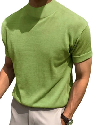 Rolled sleeve mock neck knit tee in matcha green with a textured knit fabric.