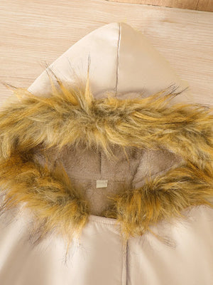 Apricot hooded jacket with faux fur trim and lining.