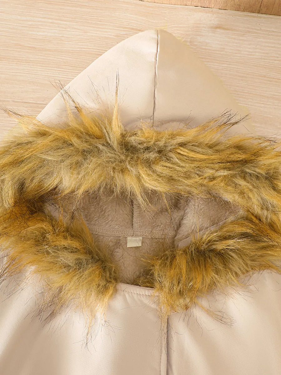 Apricot hooded jacket with faux fur trim and lining.