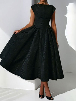 Black A-line midi dress with cap sleeves, boat neck, and textured fabric.