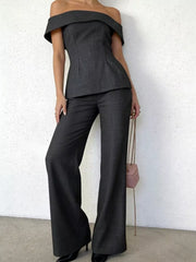 Chic dark gray off-shoulder top and wide-leg pants outfit set for women.