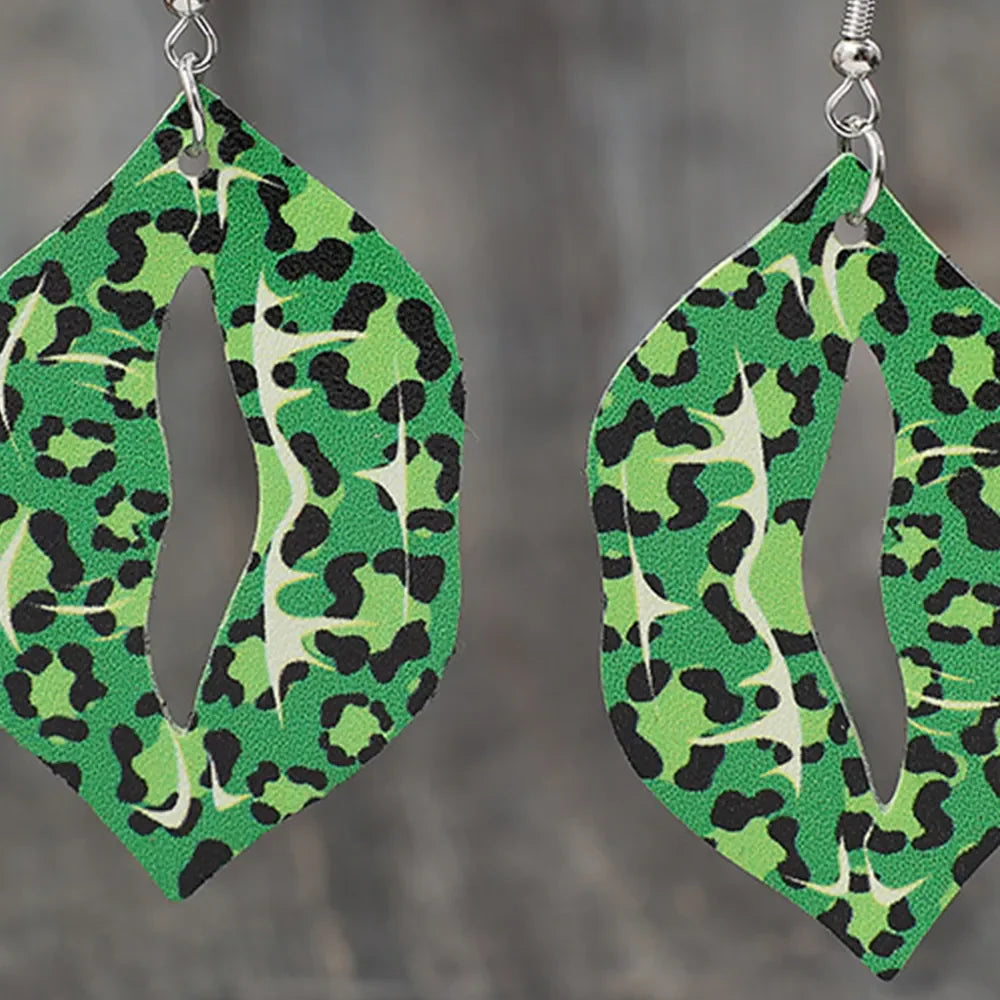 Green leopard drop earrings with cutouts