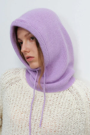 Hooded knit balaclava in Heliotrope Purple with drawstring detail.